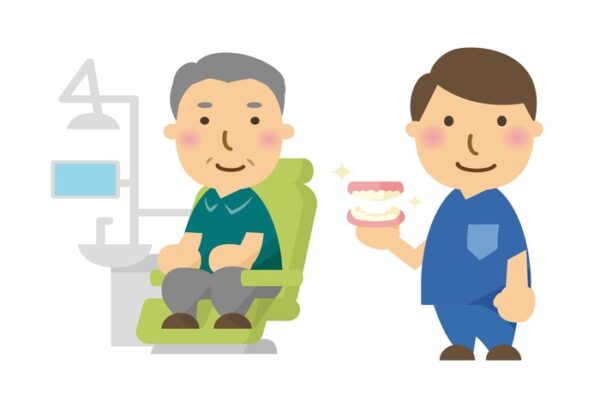 高齢の患者に入れ歯の調整を行う歯科医師のイラスト