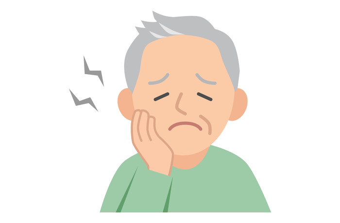 入れ歯が合わず口の痛みに悩む高齢男性のイラスト