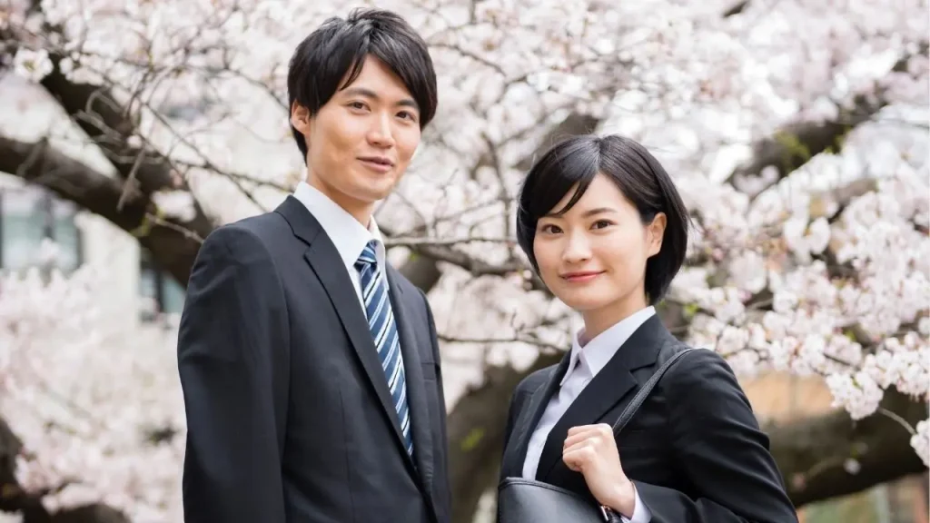 スーツを着た男女が桜の前で笑顔を向けている