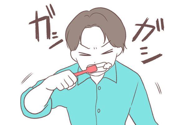 力いっぱいに歯を磨く男性のイラスト
